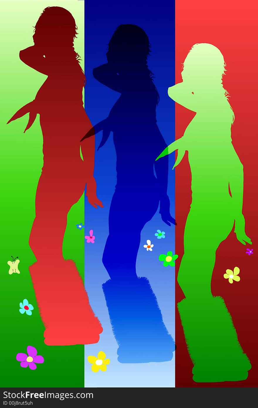 Drawn silhouette of girl dancing on a varicoloured background with flowers. Drawn silhouette of girl dancing on a varicoloured background with flowers