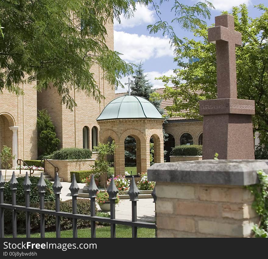 Courtyard setting of a Christian church with crosses. Courtyard setting of a Christian church with crosses