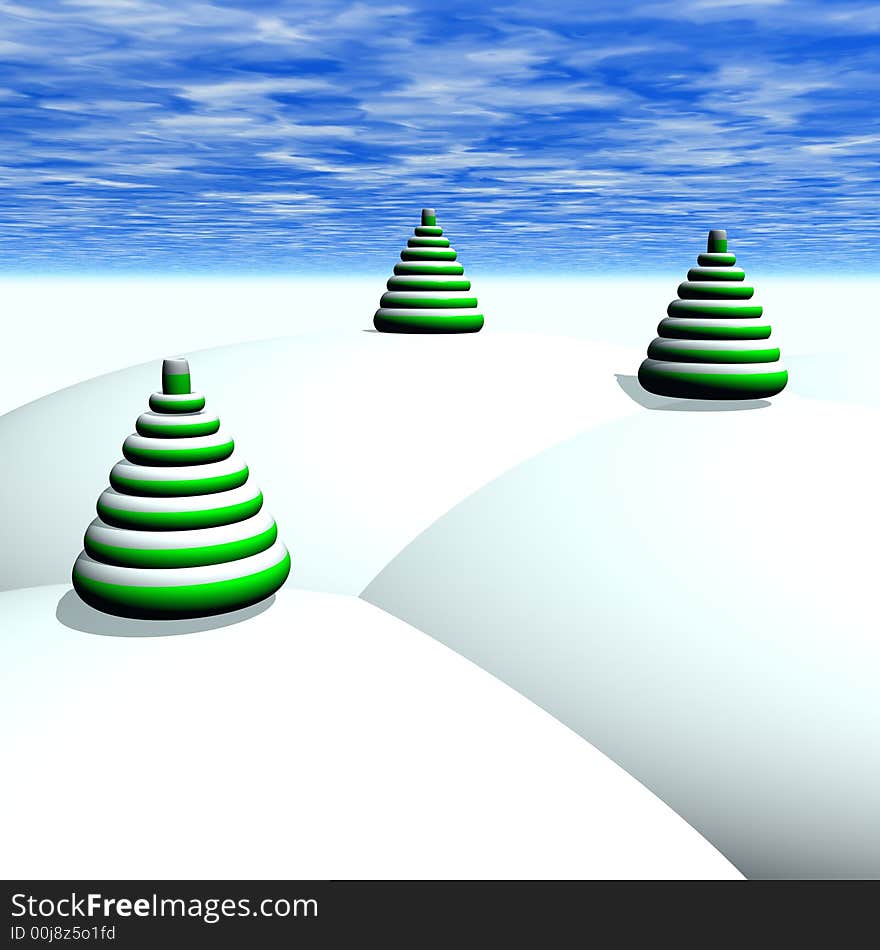 A virtual snowy world with abstract Christmas trees. A virtual snowy world with abstract Christmas trees.