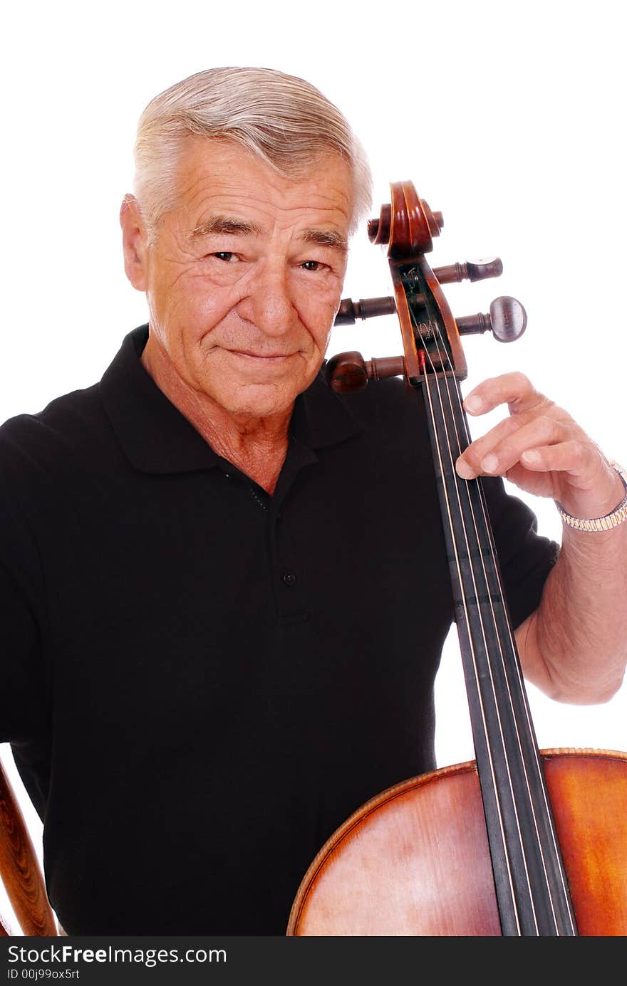 Head and shoulders portrait of a senior musician playing his cello. Isolated on white. Head and shoulders portrait of a senior musician playing his cello. Isolated on white.