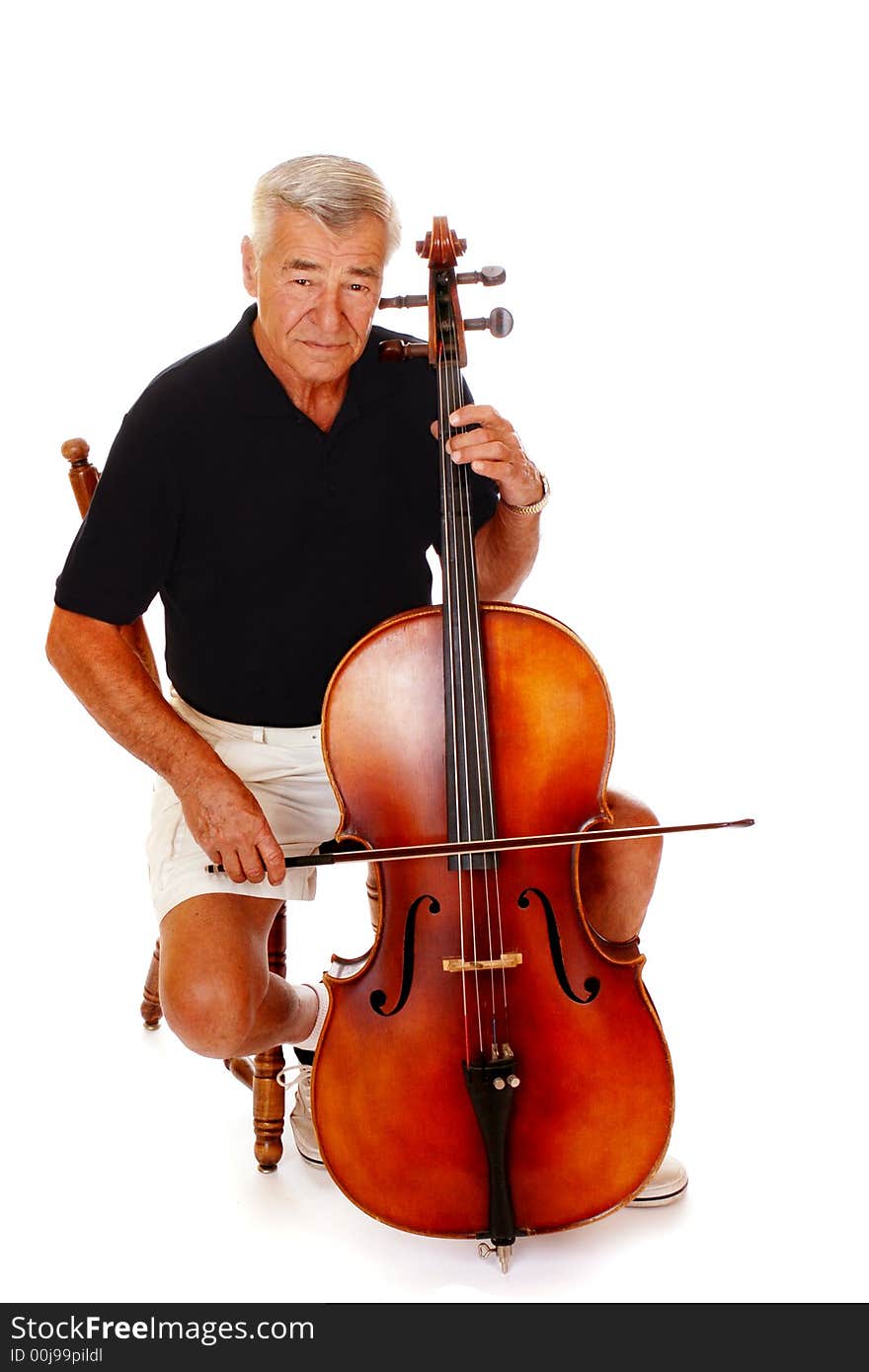 Full body portrait of a senior musician playing his cello taken from a high vantage point. Isolated on white. Full body portrait of a senior musician playing his cello taken from a high vantage point. Isolated on white.