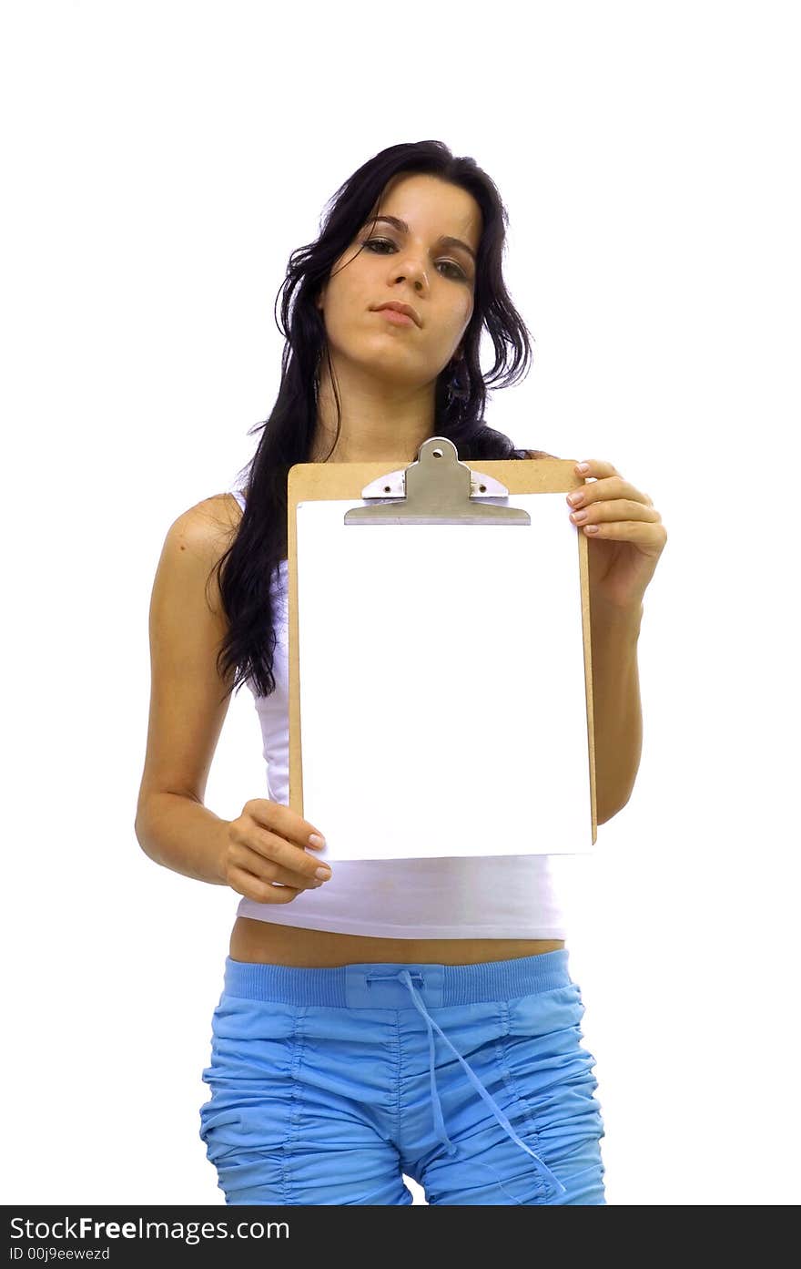 Young hispanic girl holding a blank paper - isolated over white