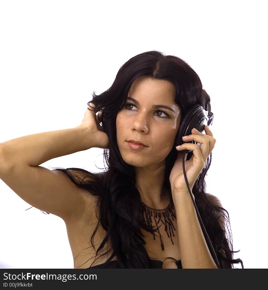 Portrait of young hispanic brunette girl with headphones - isolated. Portrait of young hispanic brunette girl with headphones - isolated