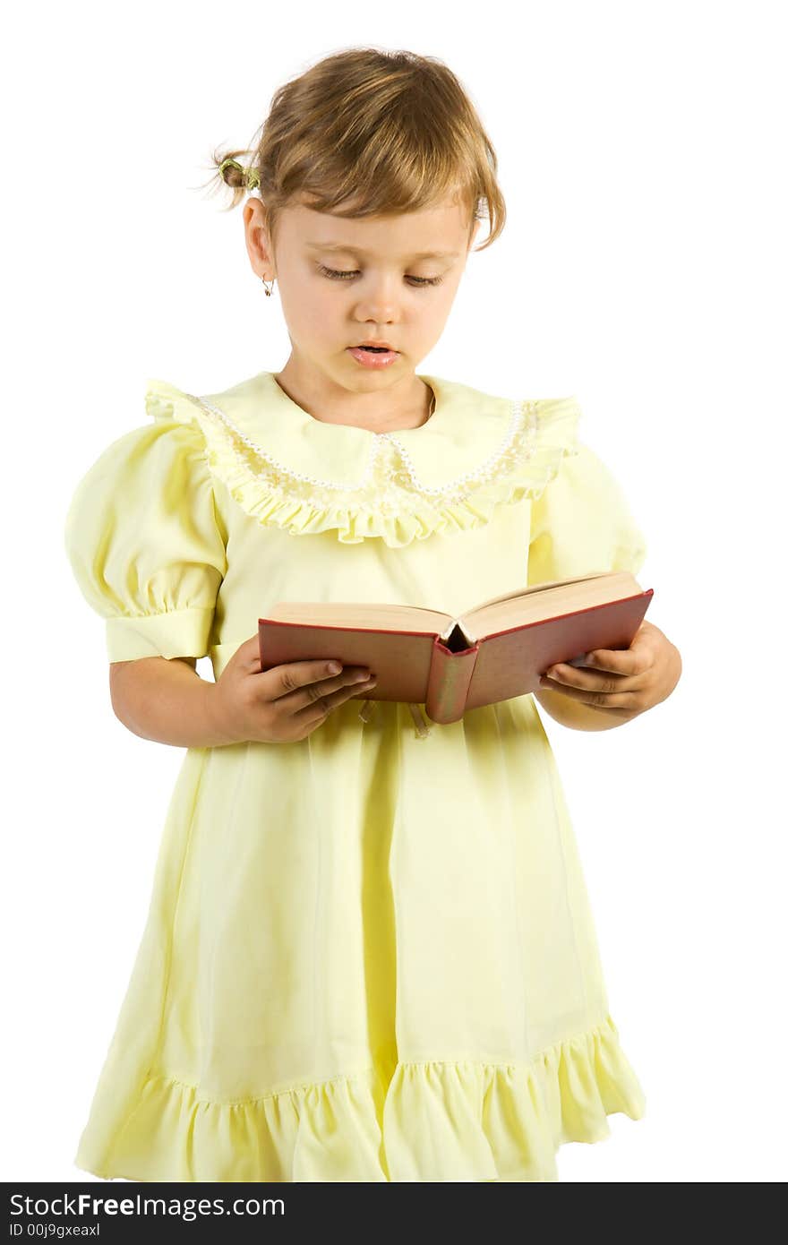 Little girl reading book. Isolate on white background.