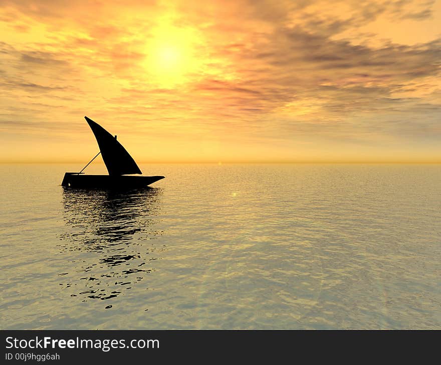 Small boat and  sunset  sky - 3d landscape scene .