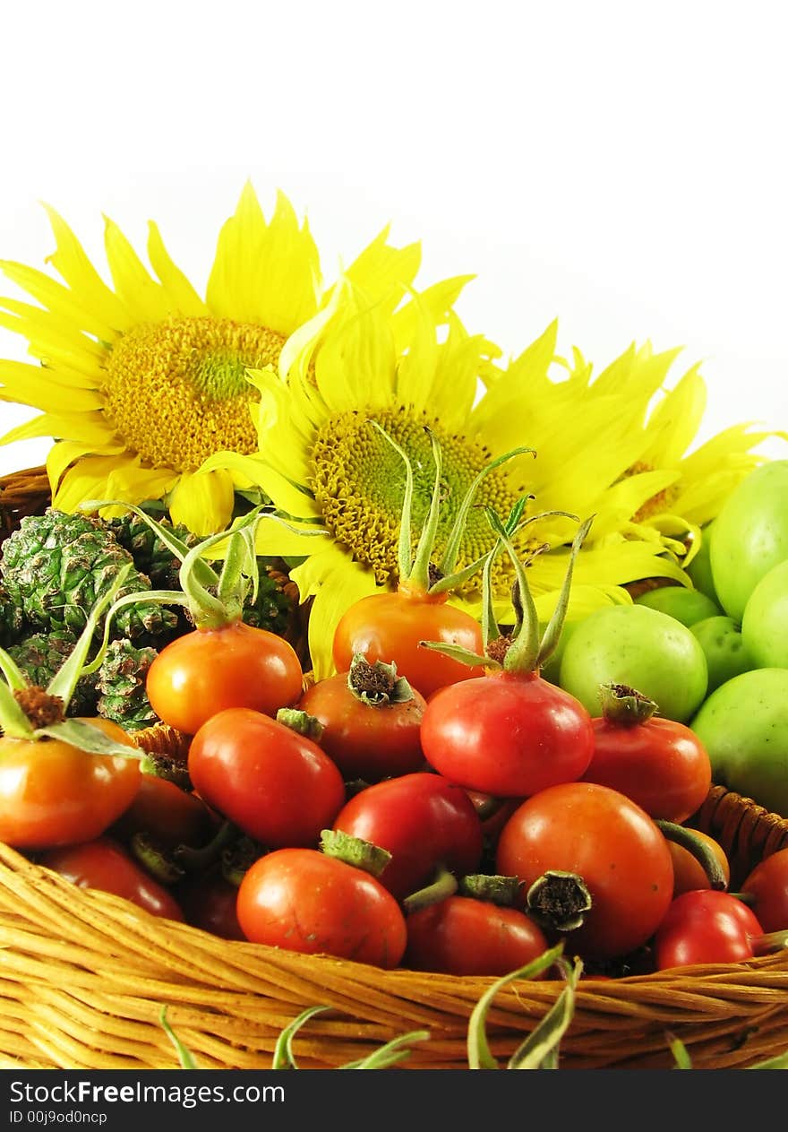 Nature, seasonal composition: fruits in basket summer on white background (sunflowers, roses, apples, cones)