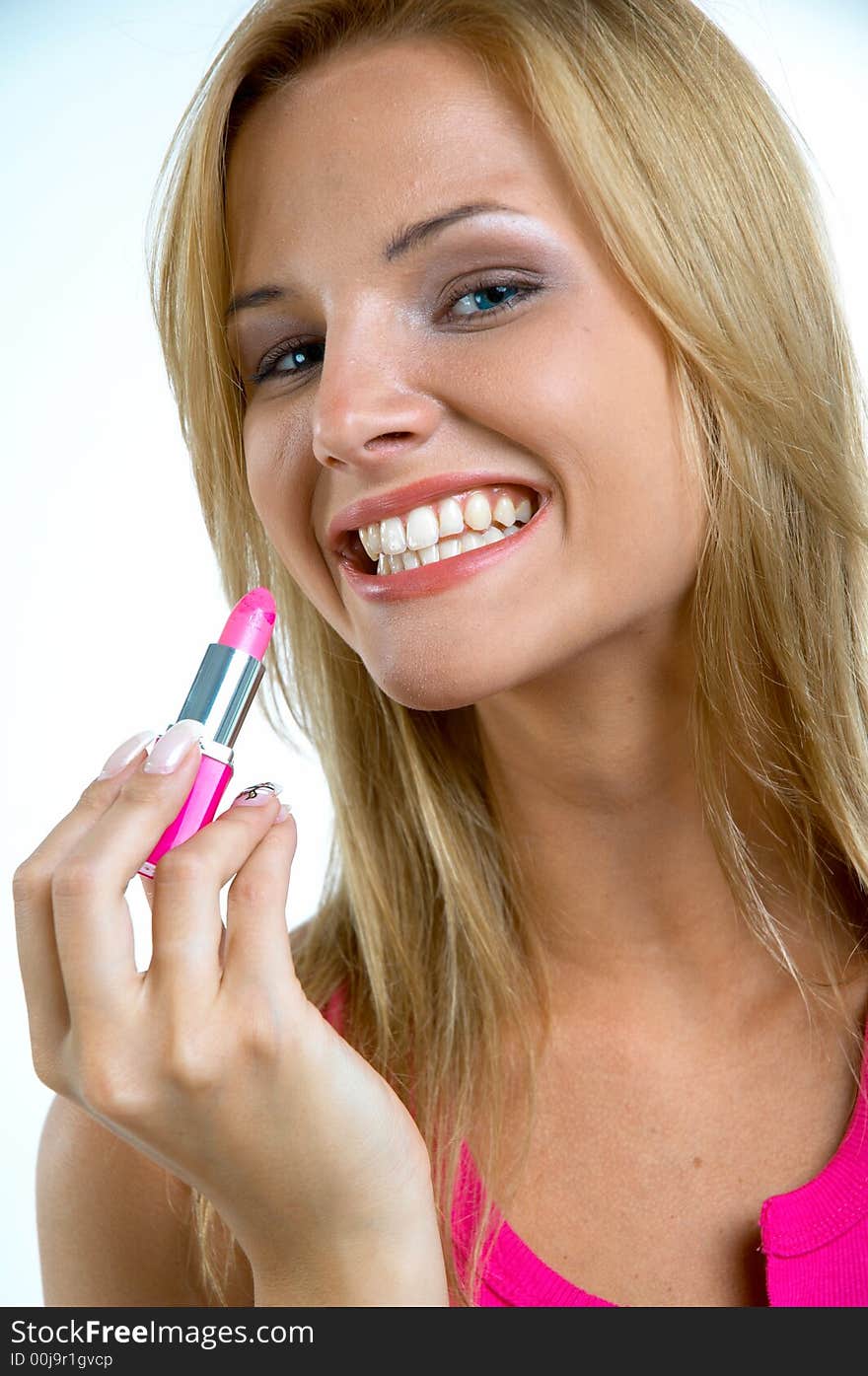 Portrait of girl with pink lipstick