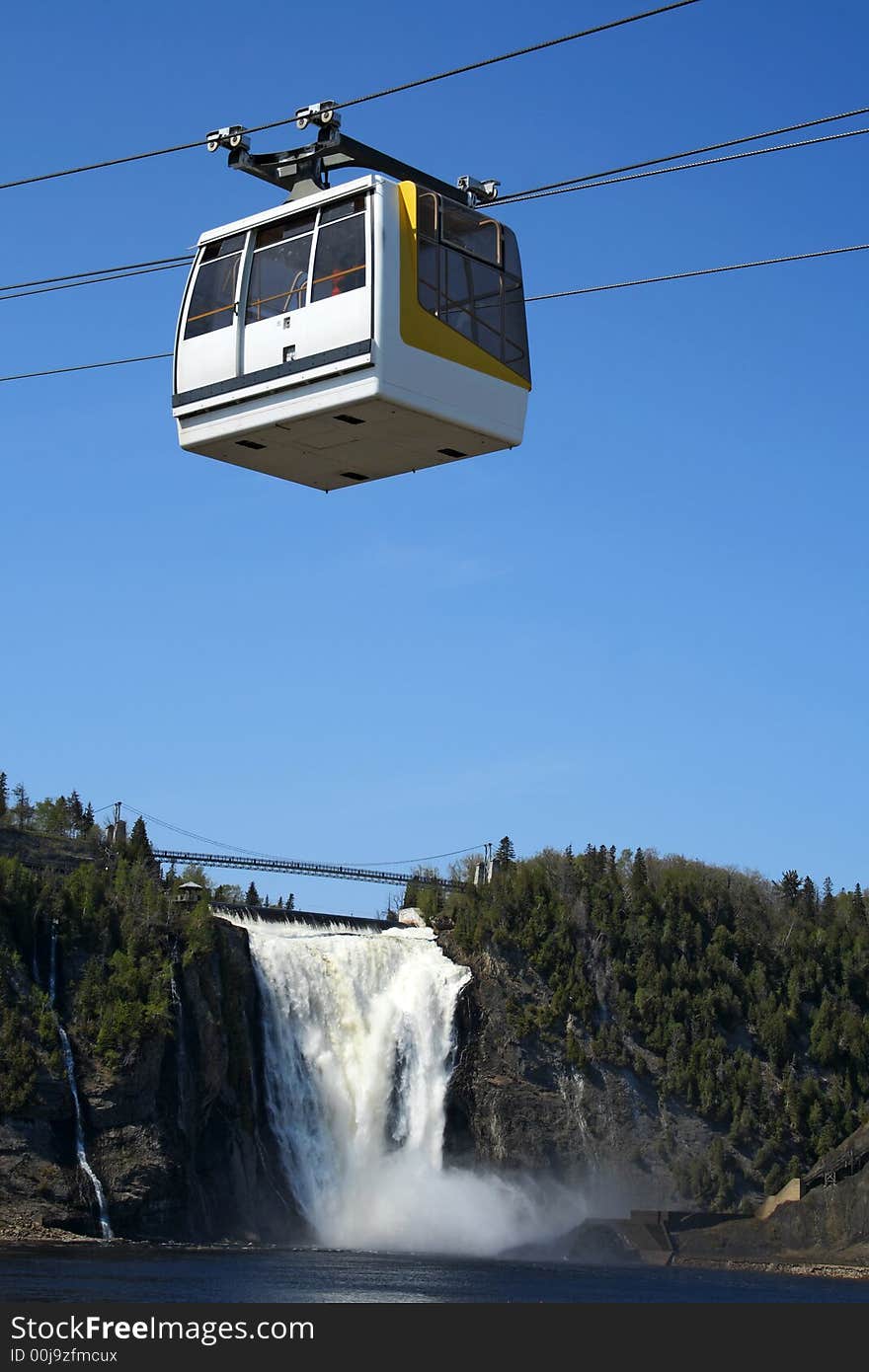 Cable car and waterfall