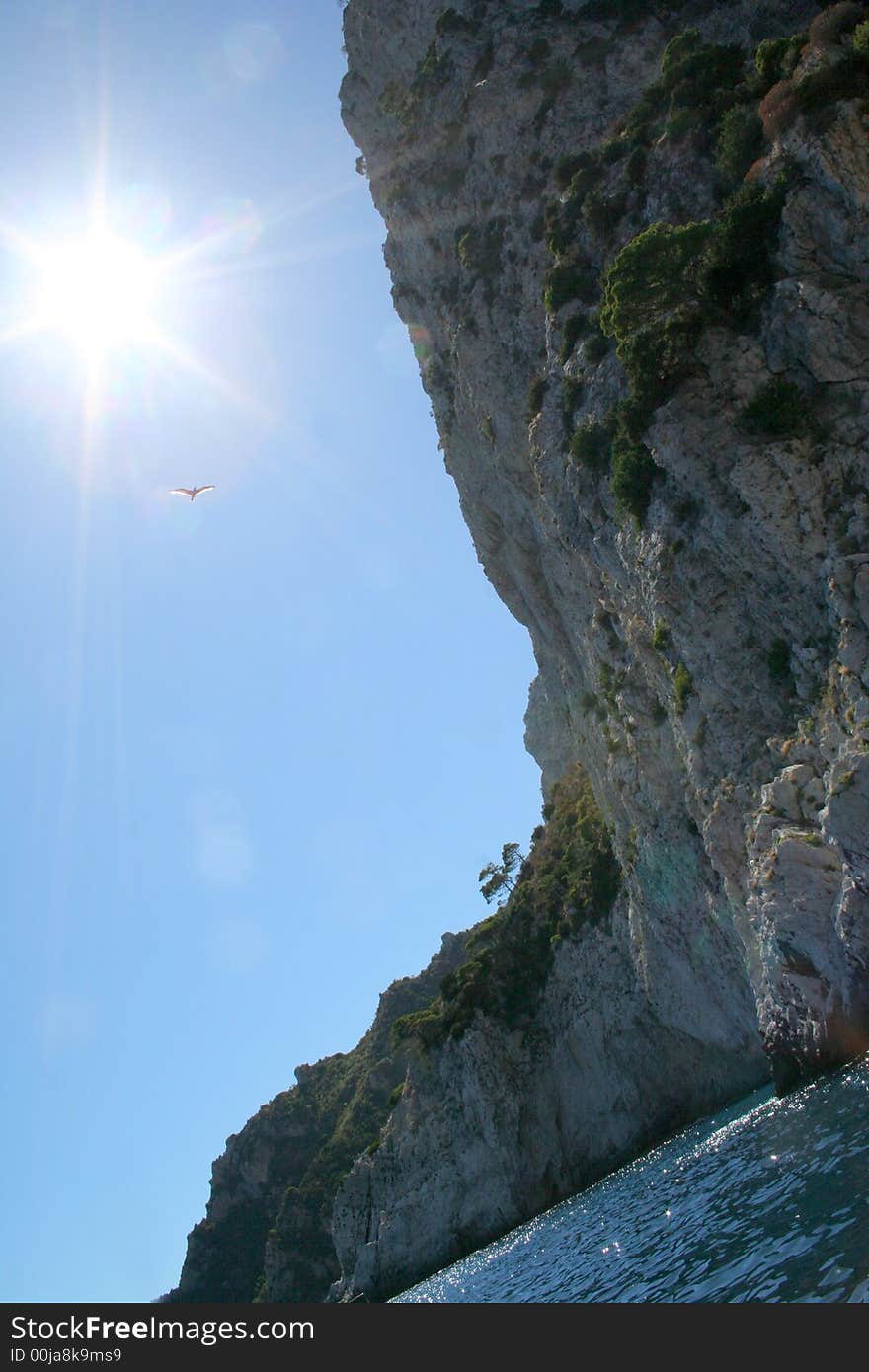 Capri Island in Italy Europe / Crystal-clear water and enchanting rock / Flying bird. Capri Island in Italy Europe / Crystal-clear water and enchanting rock / Flying bird