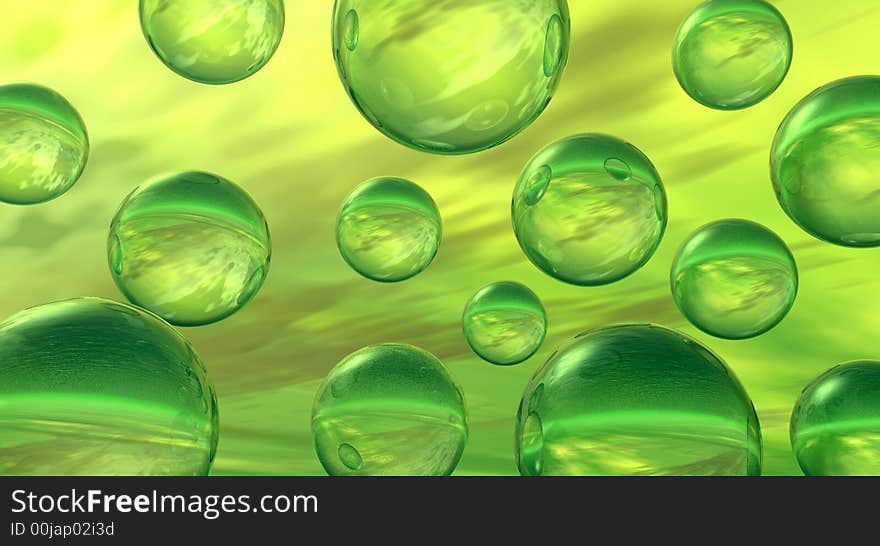 Rising green balls  on sky background - digital artwork.