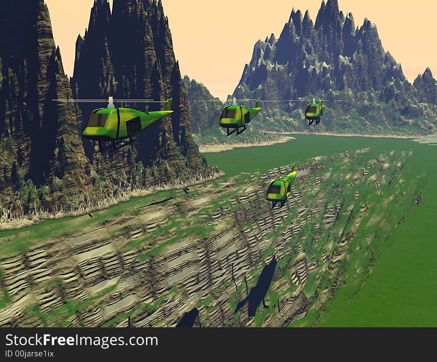 Helicopters among the green mountins in vietnam