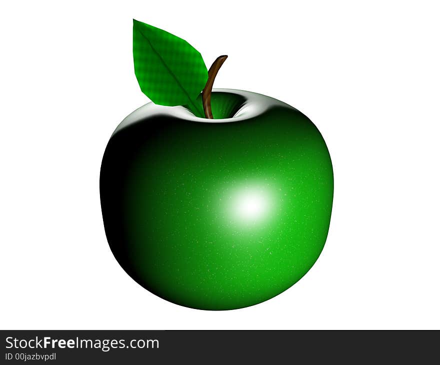 3D rendering of a green apple with a green leaf