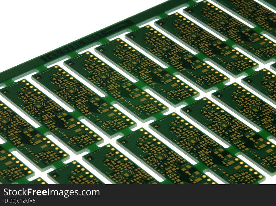 Close up detail of a Printed Circuit Board on a white background