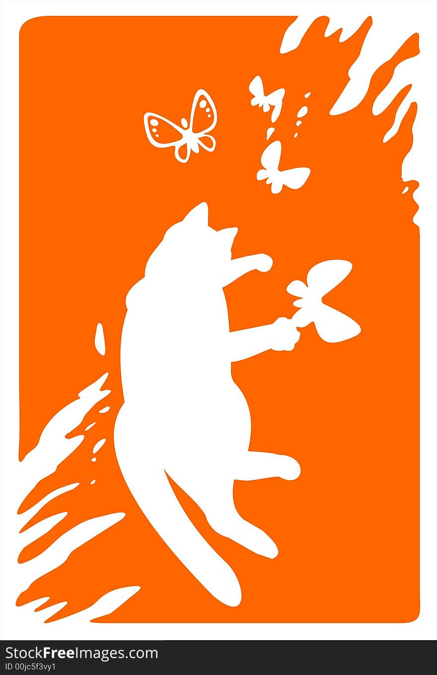 White silhouette of the cat catching butterflies on a grunge orange background. White silhouette of the cat catching butterflies on a grunge orange background.