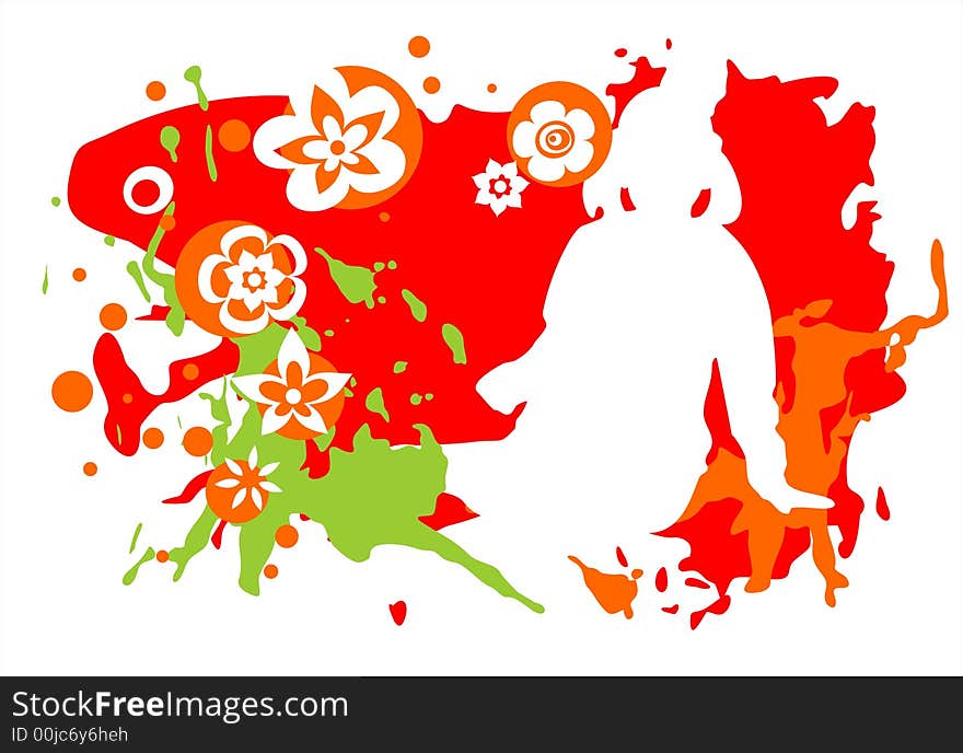 White silhouette of the girl on a grunge red flowers background. White silhouette of the girl on a grunge red flowers background.