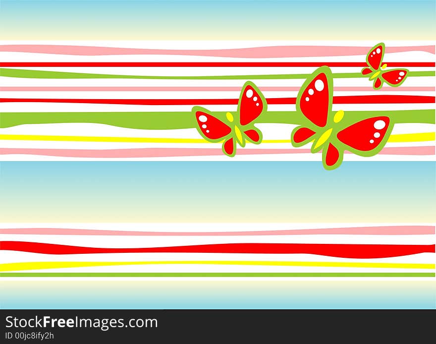 Three red butterflies on a multi-colored striped background. Three red butterflies on a multi-colored striped background.