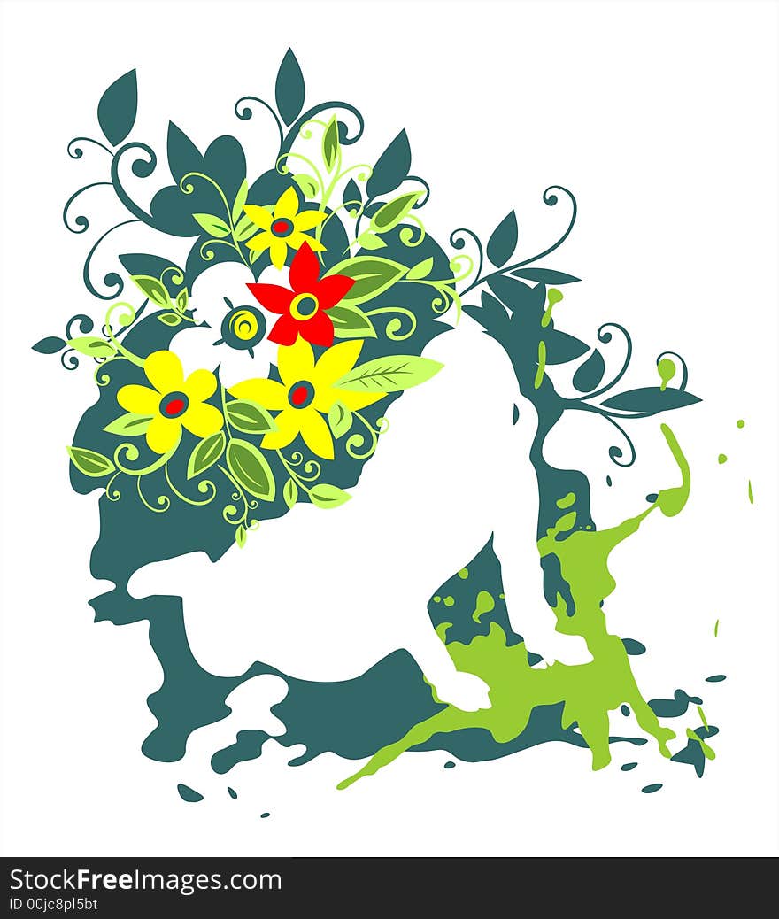 White silhouette of the girl on a grunge green flowers background. White silhouette of the girl on a grunge green flowers background.