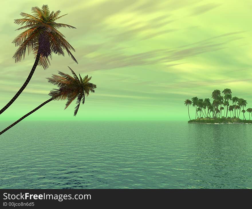 Sunset coconut palm trees on small island - 3d illustration.