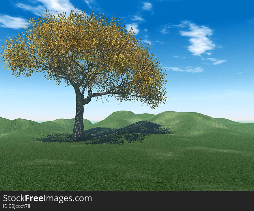 Alone tree and beautiful sky with clouds - 3d landscape scene. Alone tree and beautiful sky with clouds - 3d landscape scene.