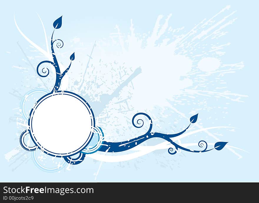 Vector blue grunge background with spirals and leaves. Vector blue grunge background with spirals and leaves