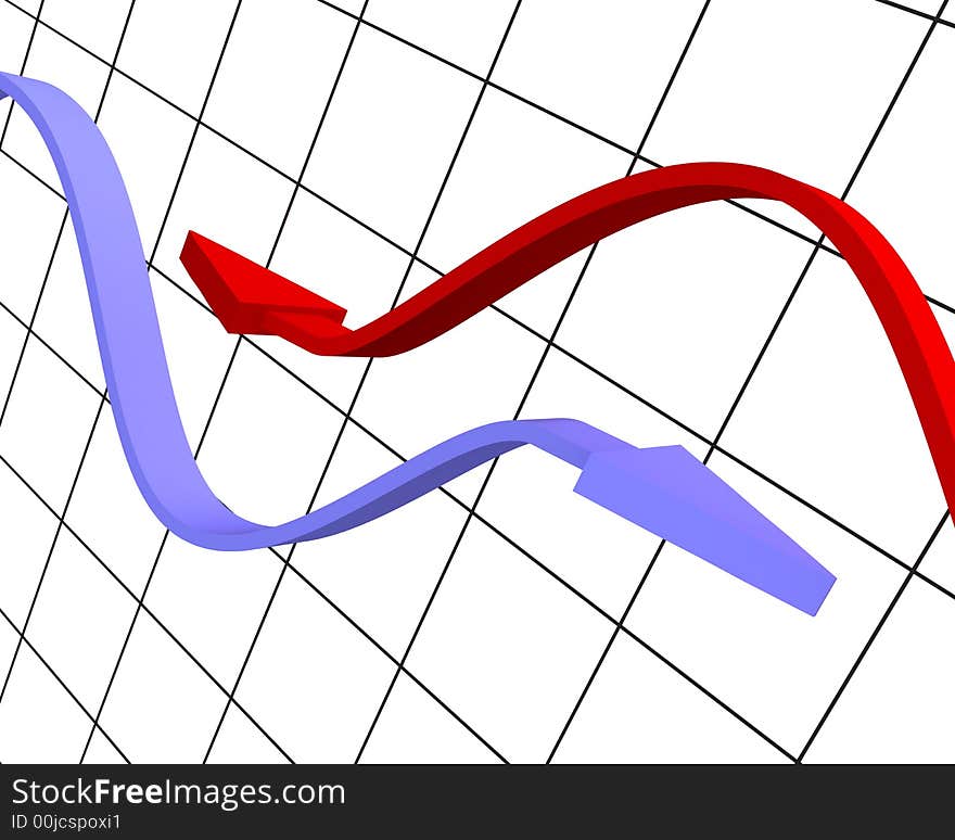 Red and blue arrows on chart background. Red and blue arrows on chart background