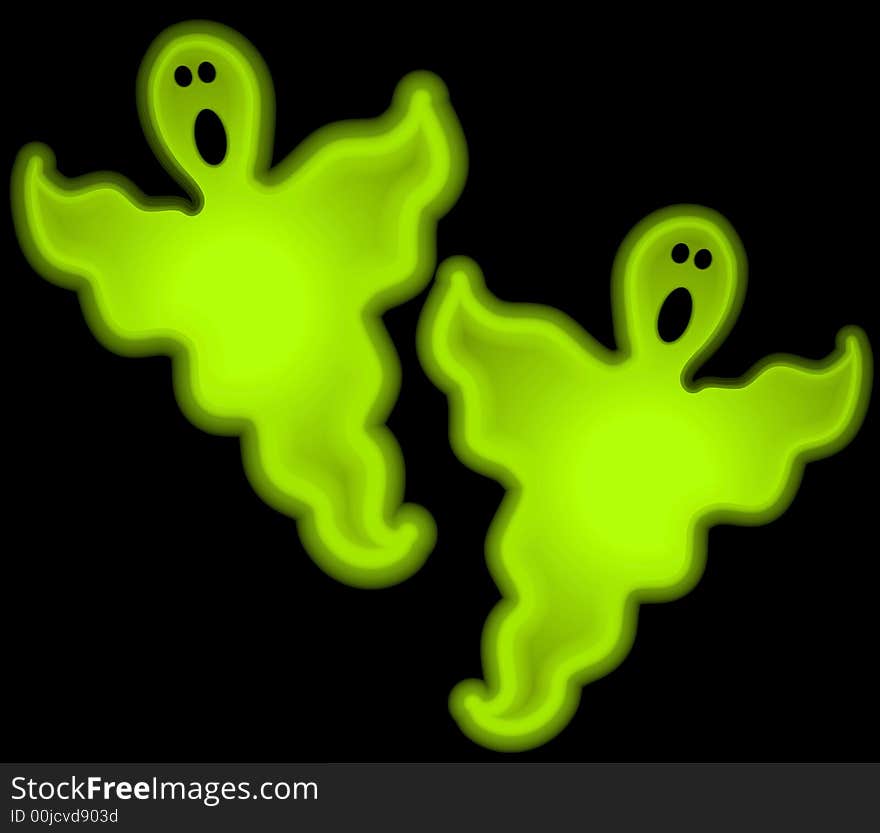 A clip art illustration of a pair of spooky looking ghosts in green glow set against a black background. Boo!. A clip art illustration of a pair of spooky looking ghosts in green glow set against a black background. Boo!