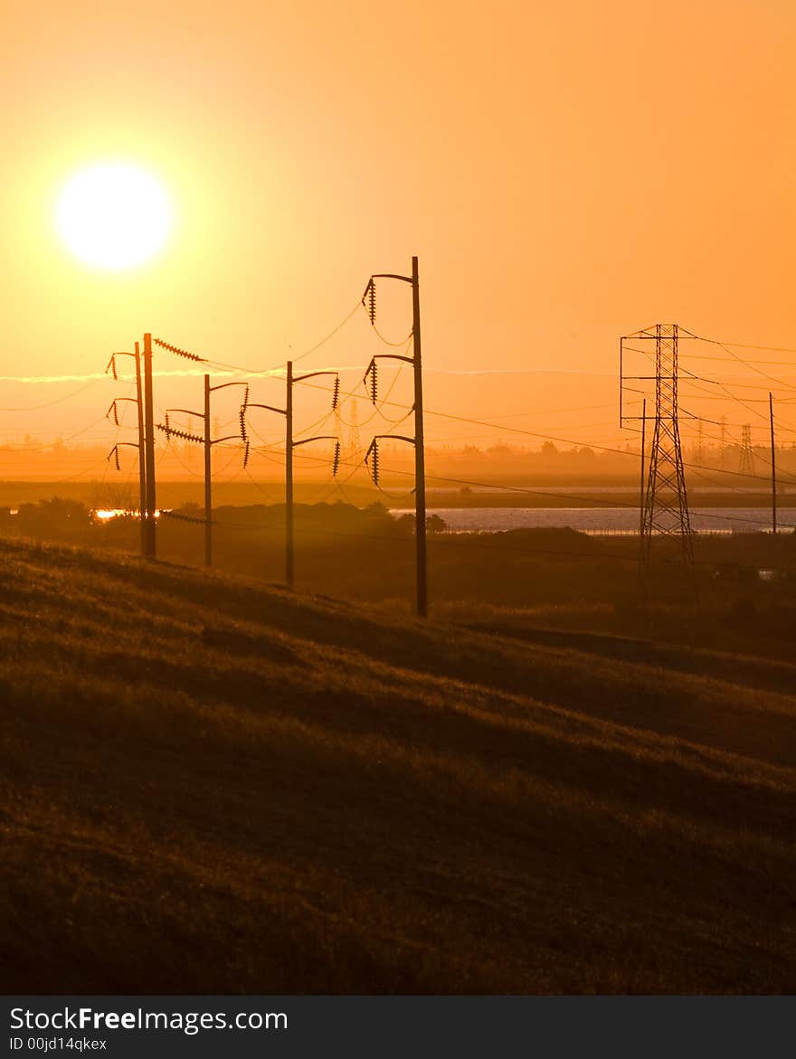 Sunset and electric lines