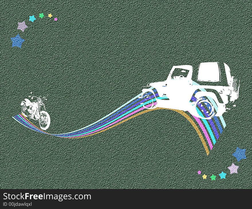 Abstract green background with stars, motorcycle and car on a rainbow. Abstract green background with stars, motorcycle and car on a rainbow