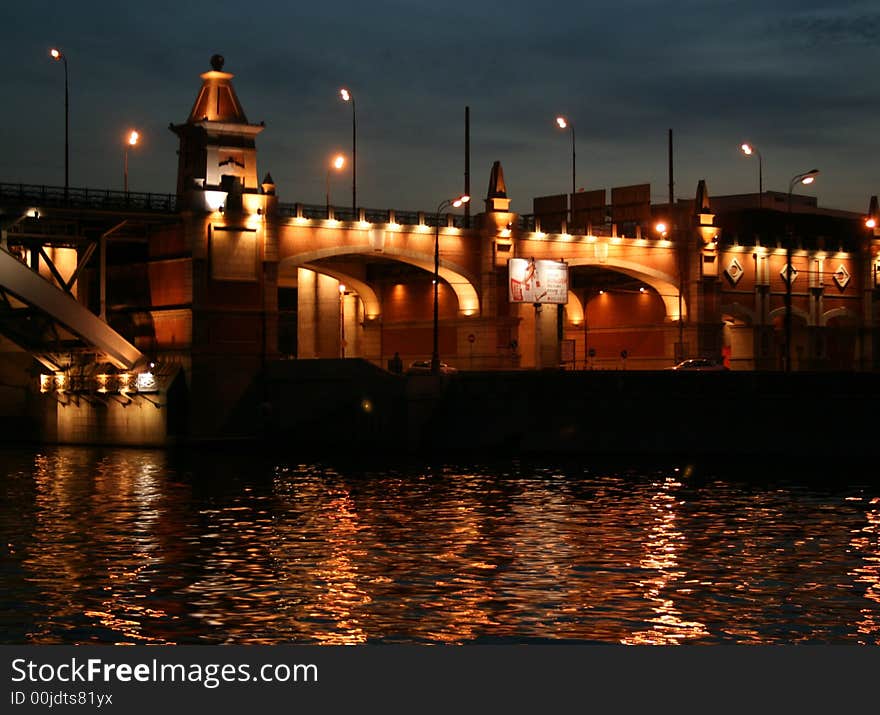 Night appearance from Moscow river. Bridge.