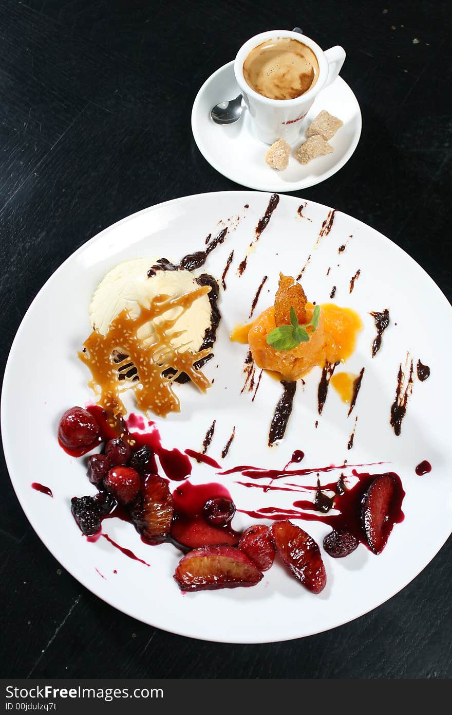 Ice cream dessert with fruits and coffee. Ice cream dessert with fruits and coffee