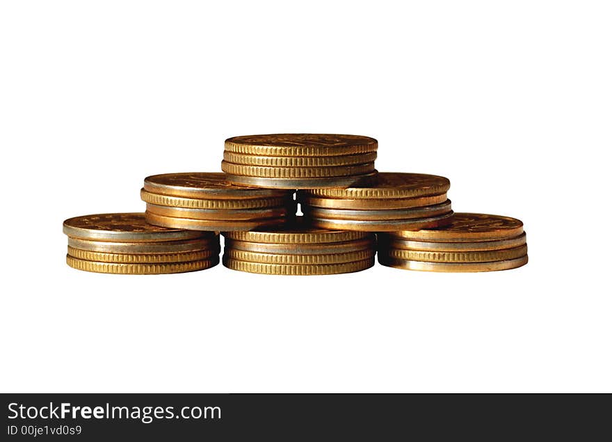 Isolated pyramid of coppery coins. Isolated pyramid of coppery coins