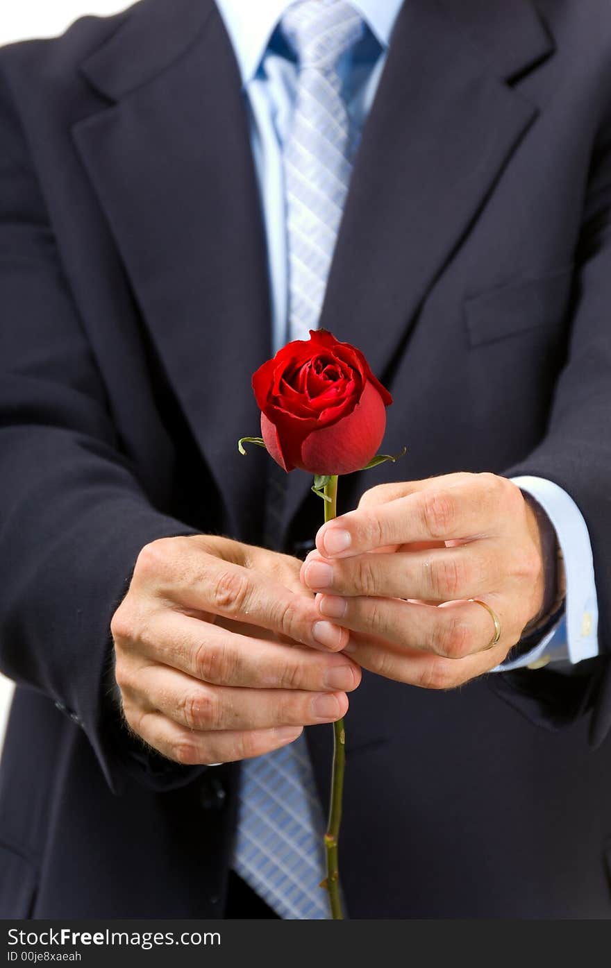 Man in business suit or dressed up giving single red rose as gift for valentine's day or to communicate his love. Man in business suit or dressed up giving single red rose as gift for valentine's day or to communicate his love