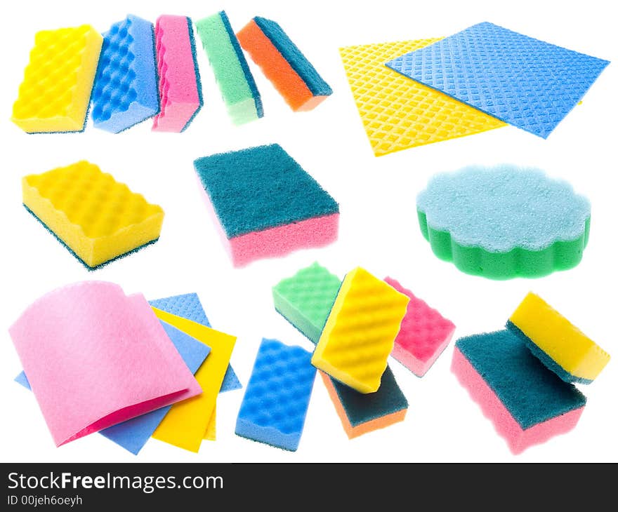 Color napkins and sponges isolated on white