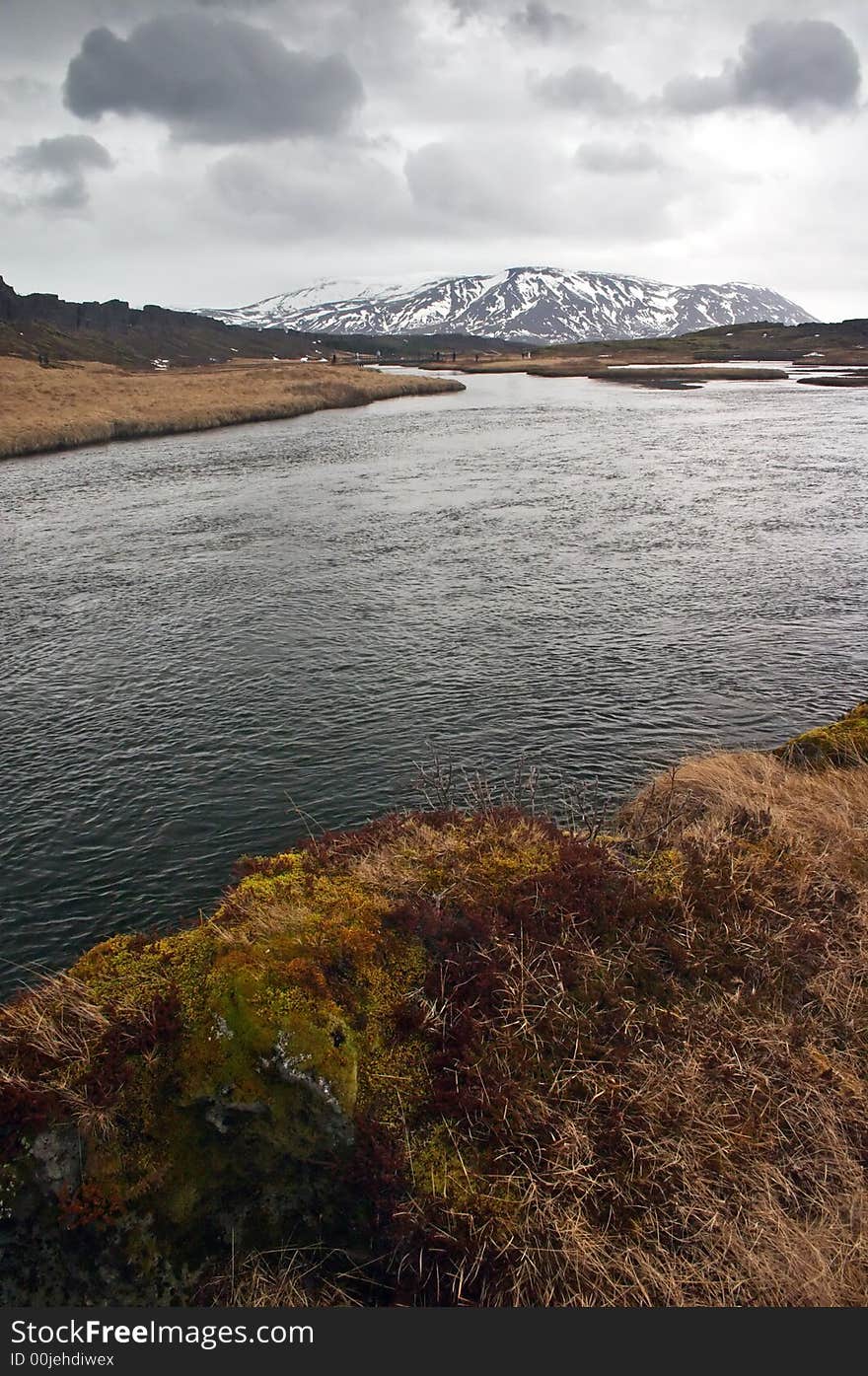 Thingvellir, Icelandic landscape with lake and mountains