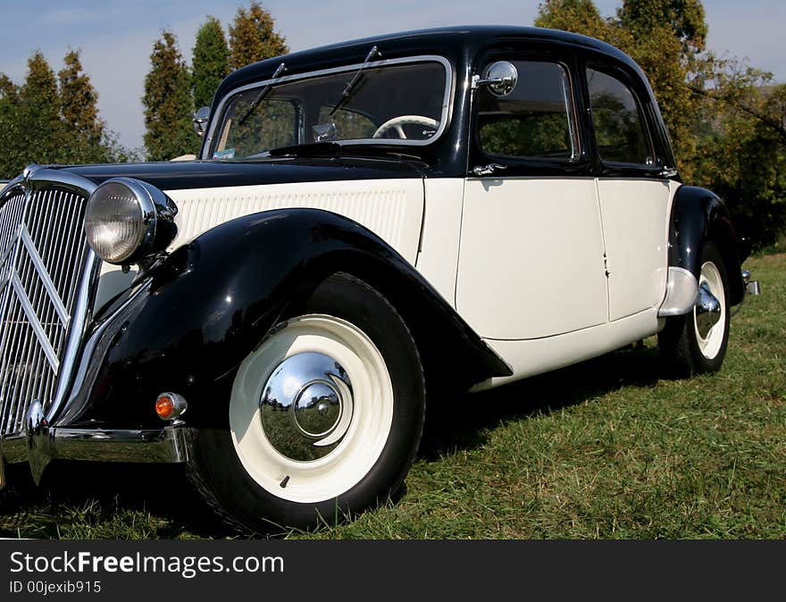 Old black and white citroen BL at the auto show. Old black and white citroen BL at the auto show