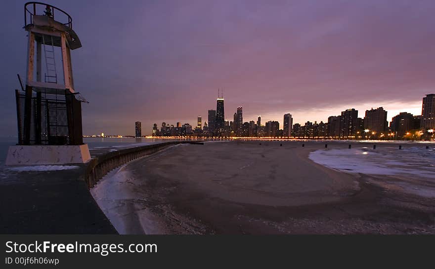 Downtown Chicago and the lighthouse during sunset