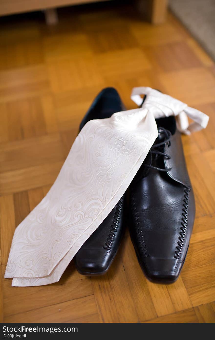 Necktie on black leathershoes. Clothes for the groom, shortly before a wedding. Small DOF. Necktie on black leathershoes. Clothes for the groom, shortly before a wedding. Small DOF.