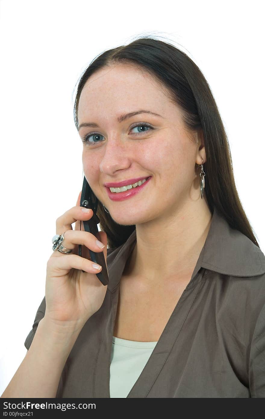 Business woman rings on mobile phone on white background