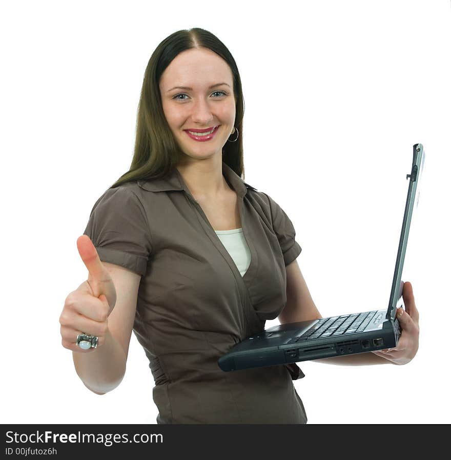 Business woman and laptop on white background