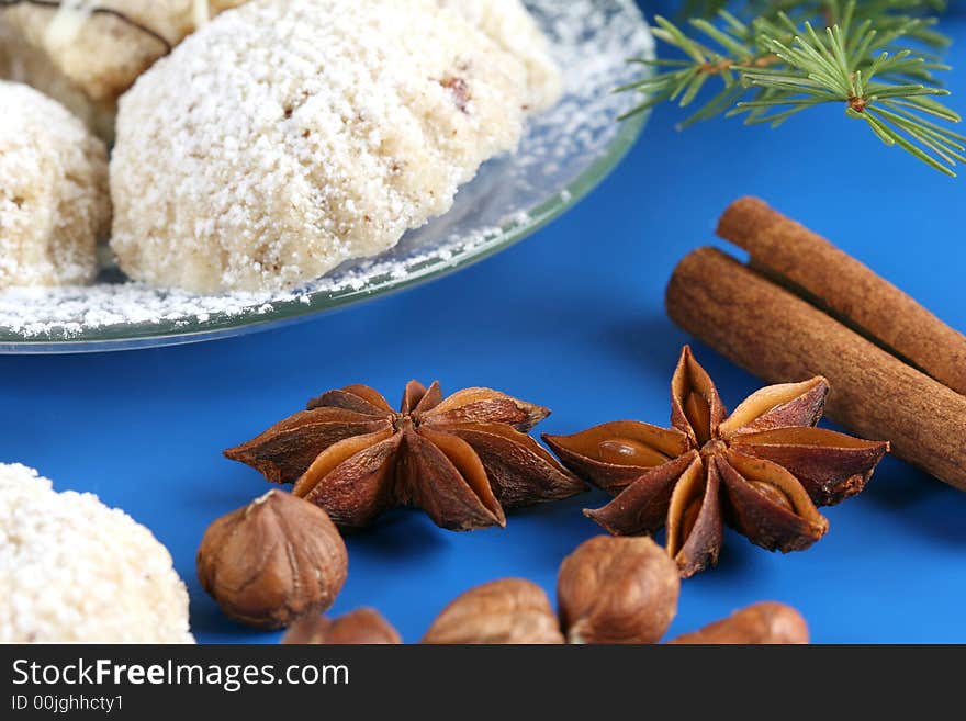 Anise, cinnamon and nuts with cookies. Anise, cinnamon and nuts with cookies