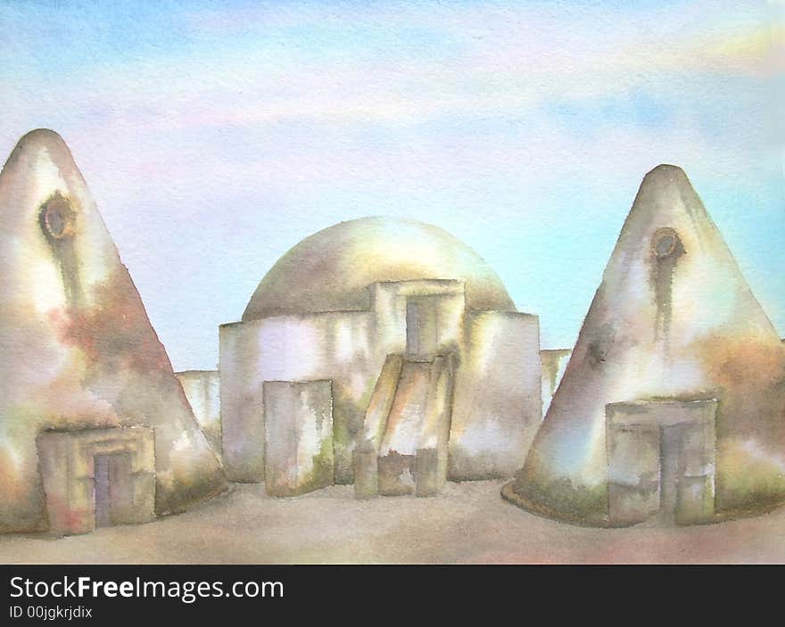 Digitally photographed image of an original watercolor (on 100% cotton & hand made paper), about the geometrical & most original grain silos, of an old mexican hacienda, a masterpiece of the XIXth. century latin-american architecture, located on Jaral del Berrio, Guanajuato, Mexico; painted, photographed & actually owned by Enrique Cardenas-Elorduy, a seasoned mexican Architect, Watercolorist & Digital Artist, in 1997; measures: 28x43cms. = 11x17 # 97-001 (ready for print, on measures 18x23cms = 7x9, at 300dpi, 5mp, rgb, jpg format). Digitally photographed image of an original watercolor (on 100% cotton & hand made paper), about the geometrical & most original grain silos, of an old mexican hacienda, a masterpiece of the XIXth. century latin-american architecture, located on Jaral del Berrio, Guanajuato, Mexico; painted, photographed & actually owned by Enrique Cardenas-Elorduy, a seasoned mexican Architect, Watercolorist & Digital Artist, in 1997; measures: 28x43cms. = 11x17 # 97-001 (ready for print, on measures 18x23cms = 7x9, at 300dpi, 5mp, rgb, jpg format).