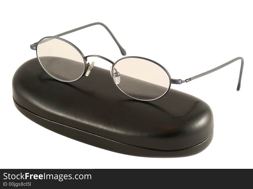 Thin glasses with black case. Thin glasses with black case