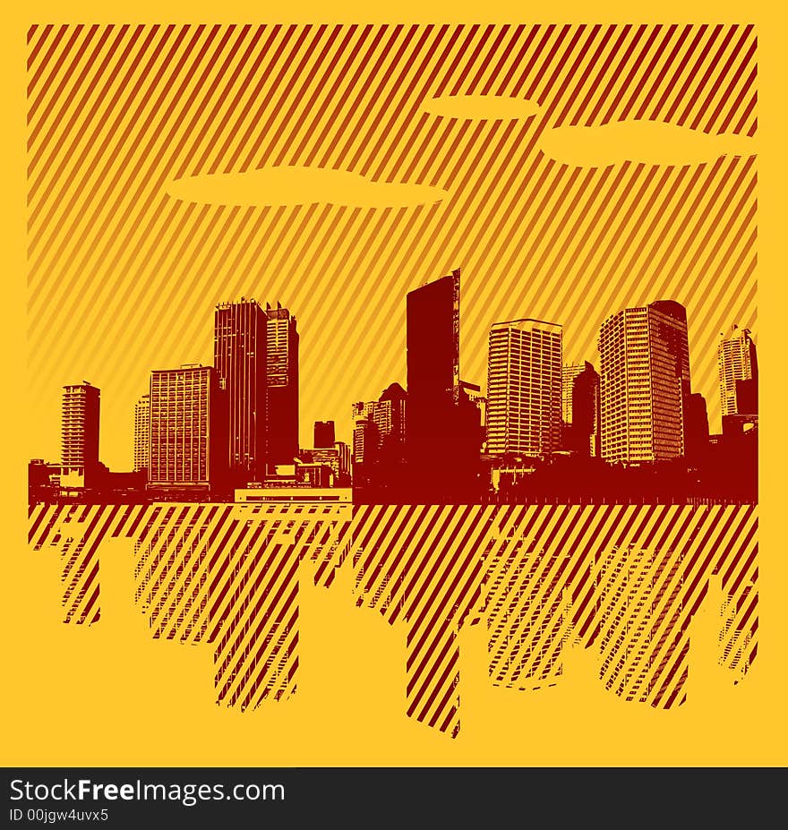 Red city with lines on yellow background. Vector art