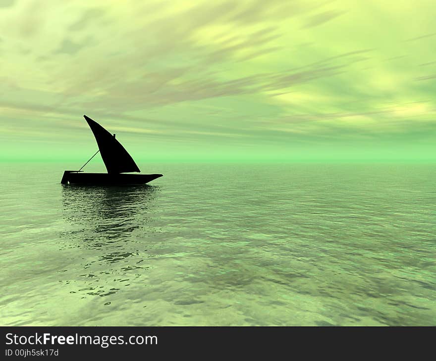 Small boat and  sunset  sky - 3d landscape scene .