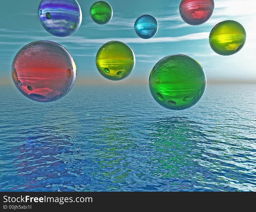 Multicolor rising balls from sea surface - 3d illustration.