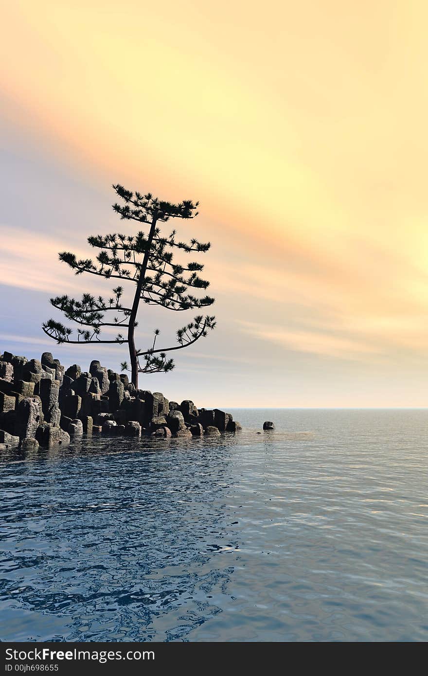 Pine tree at sea coast - 3d illustration.