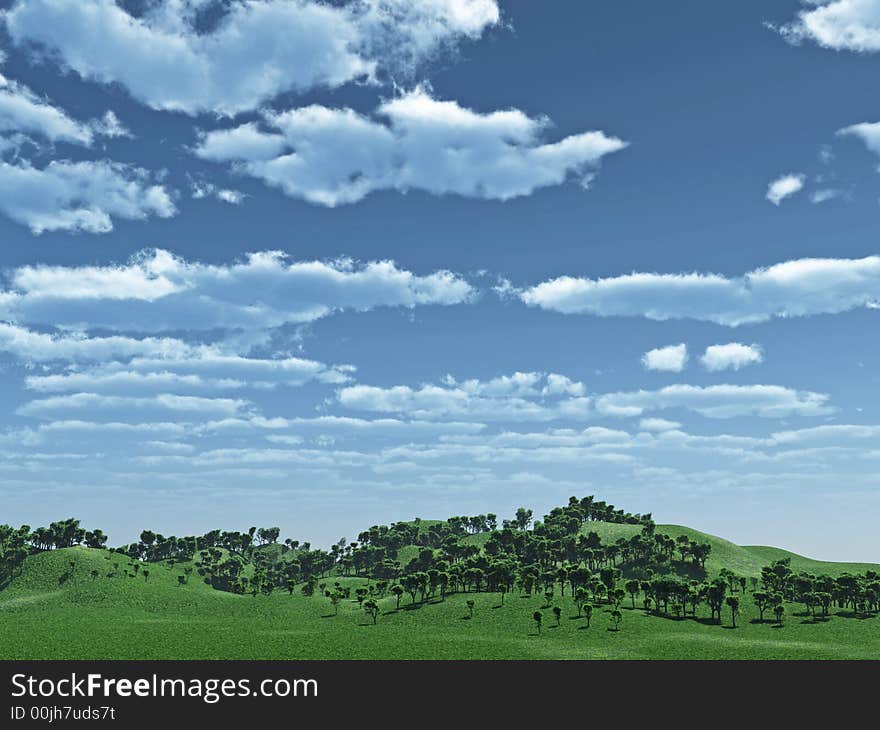 Green hills and beautiful sky  with clouds - 3d scene