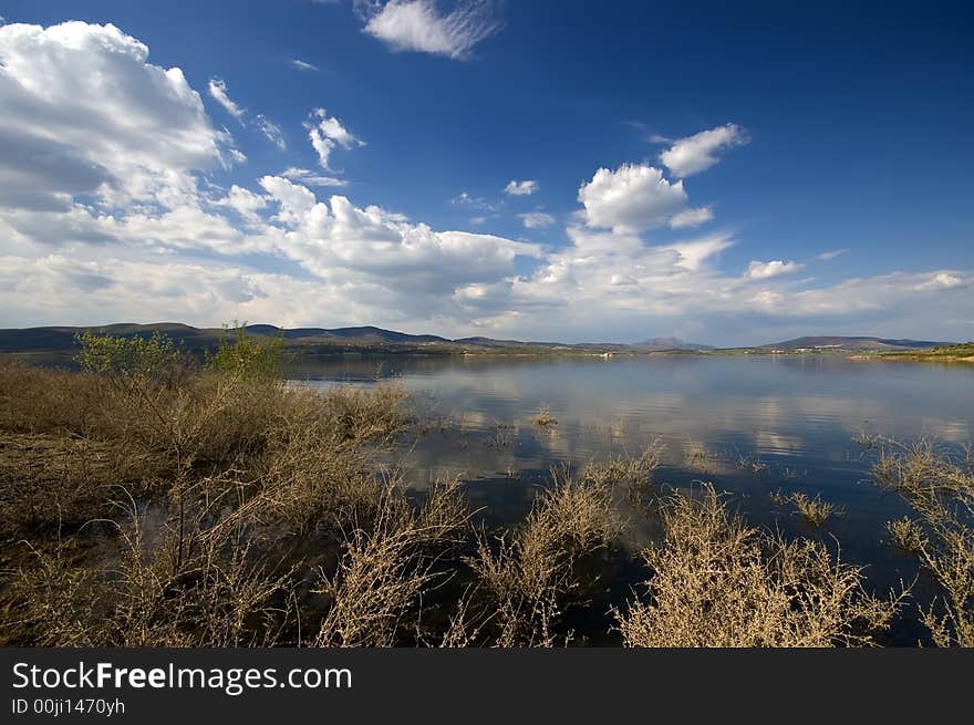 Calm riverside landscape under blue sky