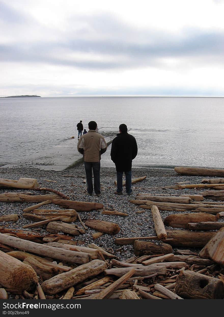 Two men taking in the view from a beach, Canada. Two men taking in the view from a beach, Canada