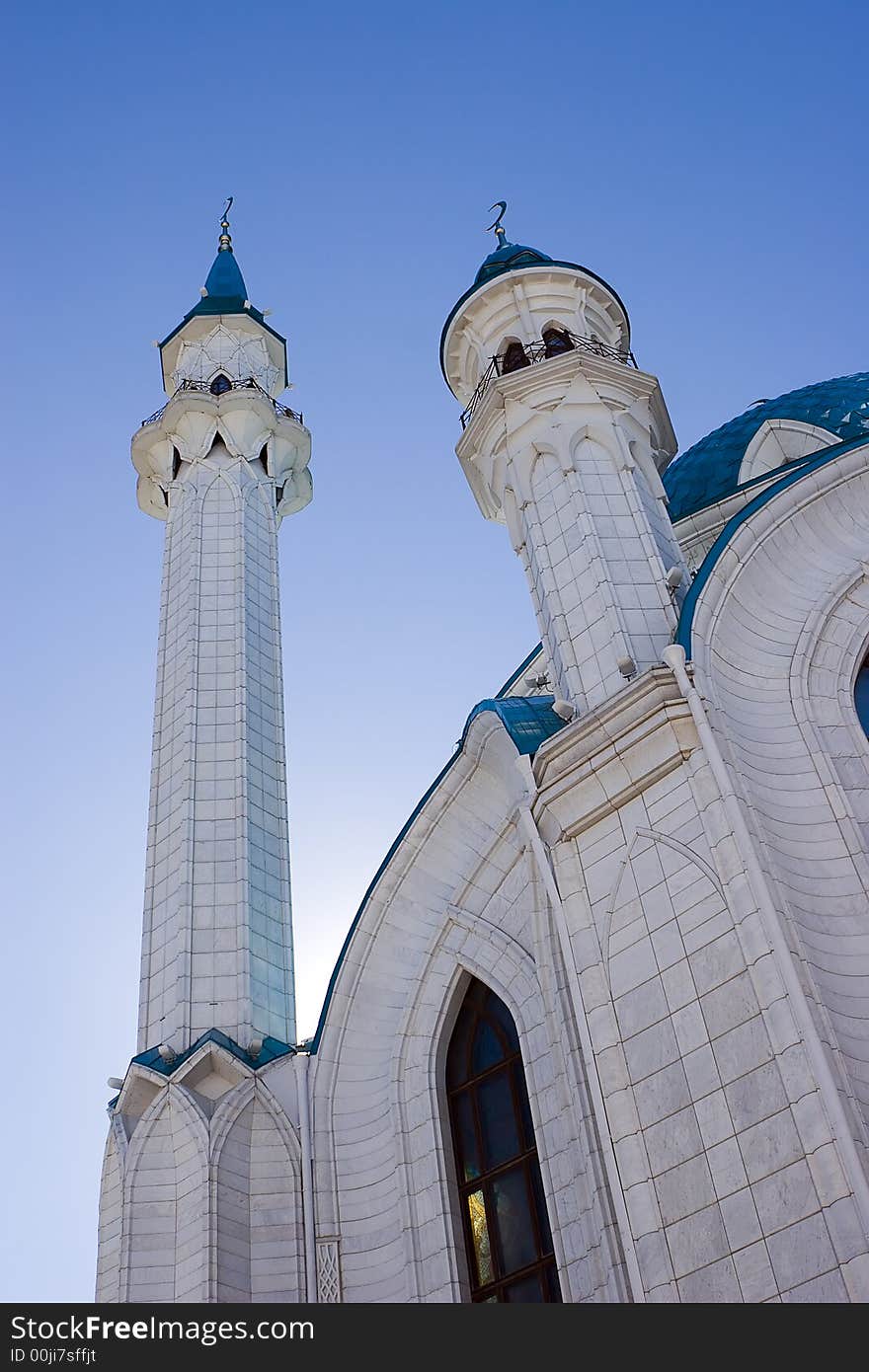 Qolsharif Mosque Kazan/Tatrstan symbol, perspective under the blue sky. Qolsharif Mosque Kazan/Tatrstan symbol, perspective under the blue sky